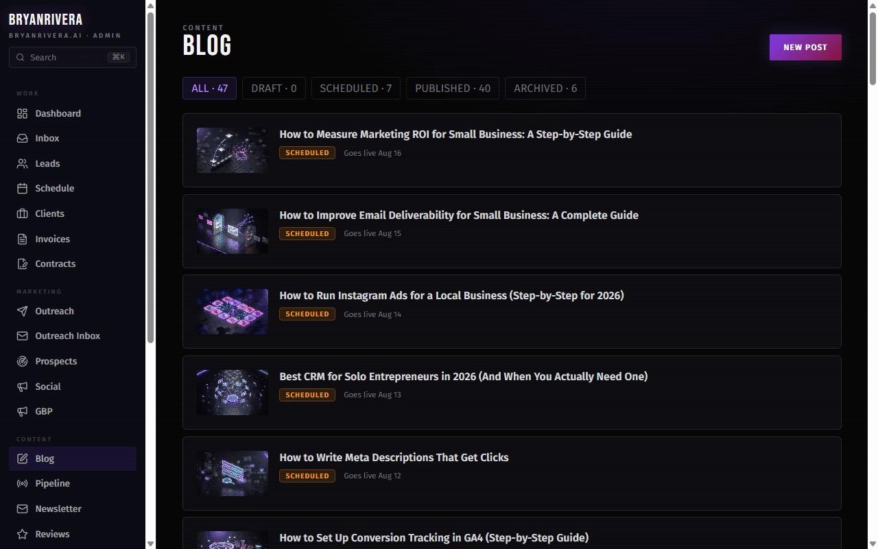 Admin blog panel showing location and service posts scheduled with schema markup