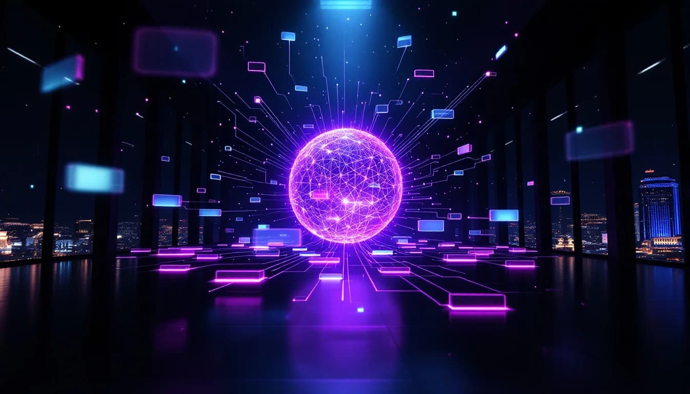 Abstract holographic AI answer engine sphere emitting glowing citation cards in a dark cavernous space with distant Las Vegas skyline