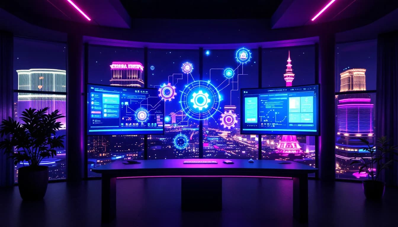 Automated command center with holographic data pipelines and glowing gears above a modern desk overlooking the Las Vegas Strip at night