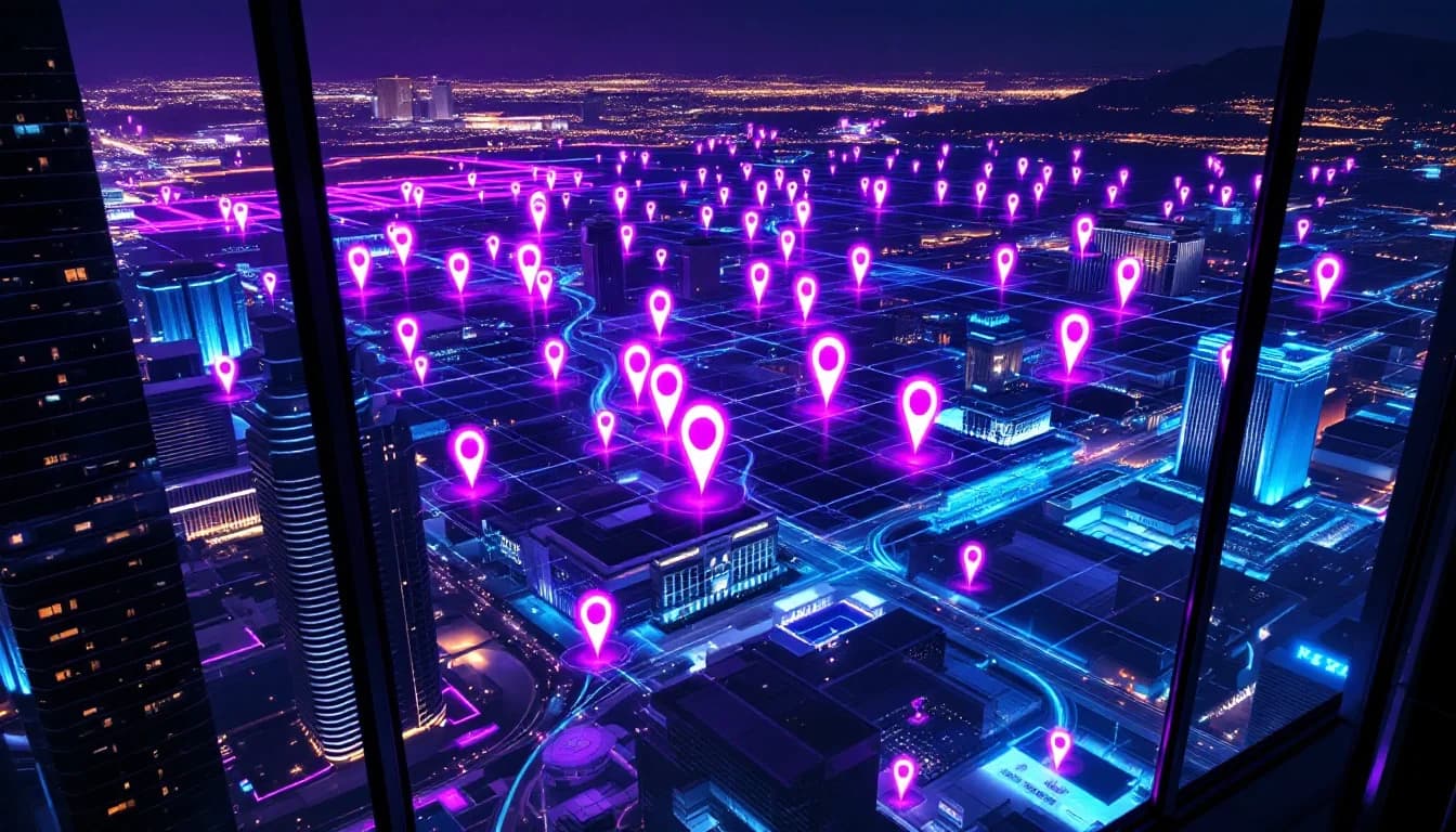 Aerial night view of Las Vegas with dozens of glowing purple location pins hovering over a holographic geo-grid overlay