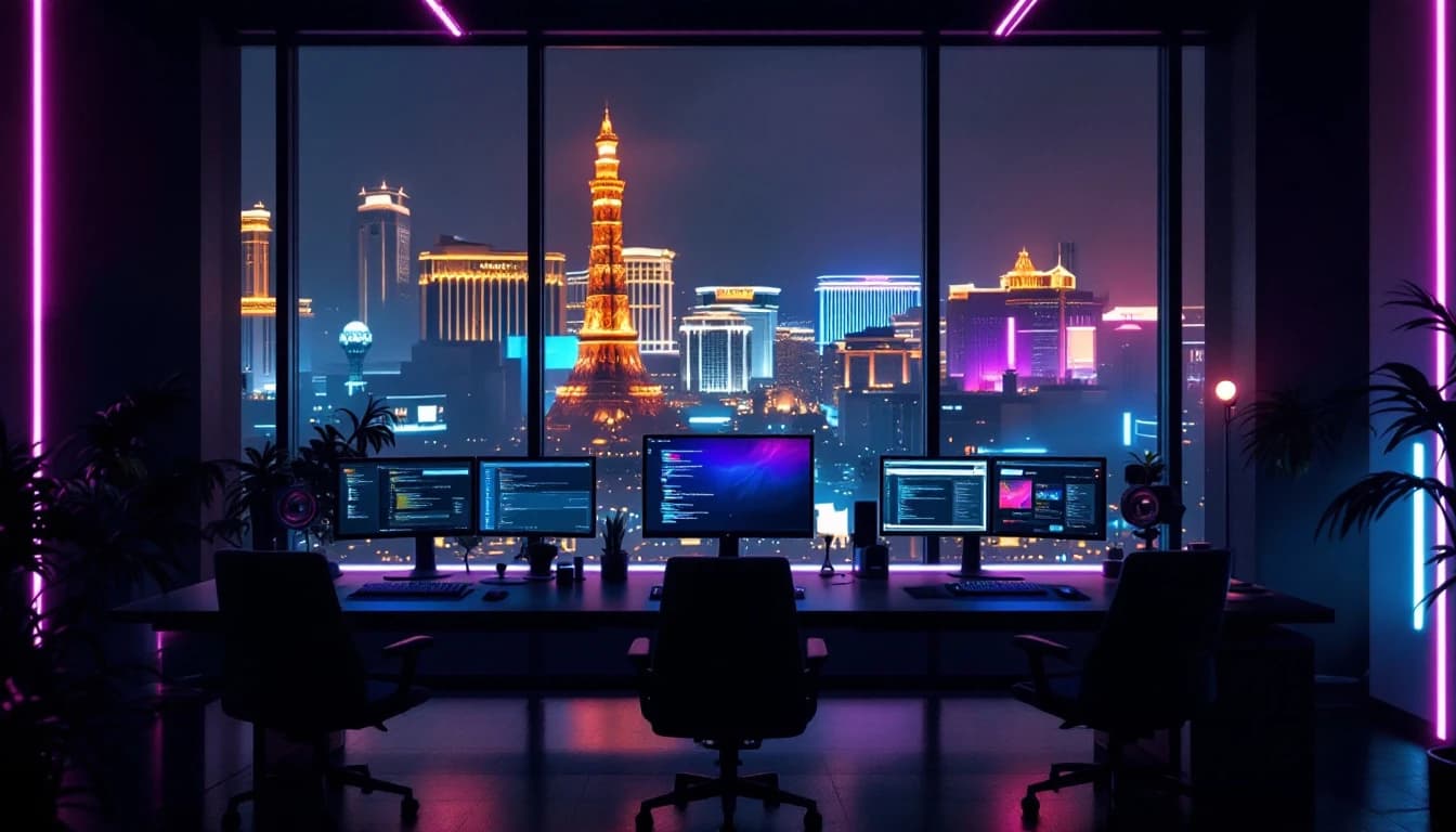Modern web design studio at night overlooking the Las Vegas Strip