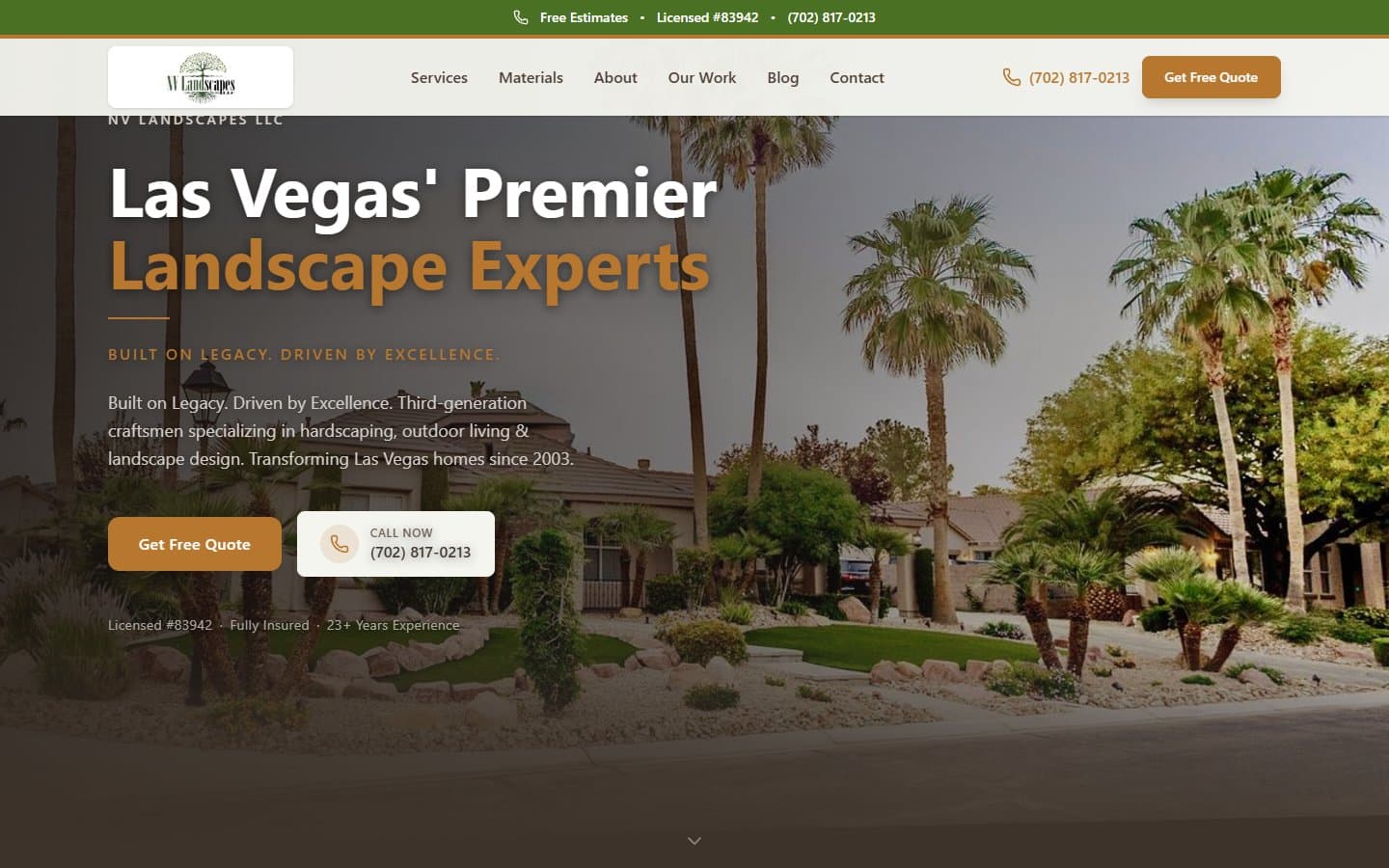 NV Landscapes website homepage — landscaping website design example