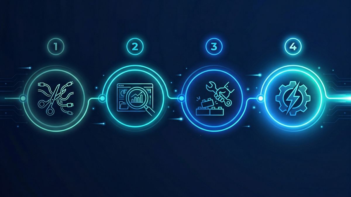 The 4-round process: Simplify, Organize, Build, Automate — each step connected in sequence