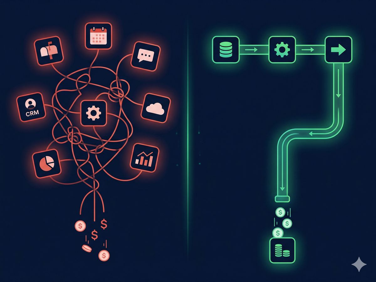 Before: tangled mess of disconnected apps leaking money. After: clean streamlined pipeline.